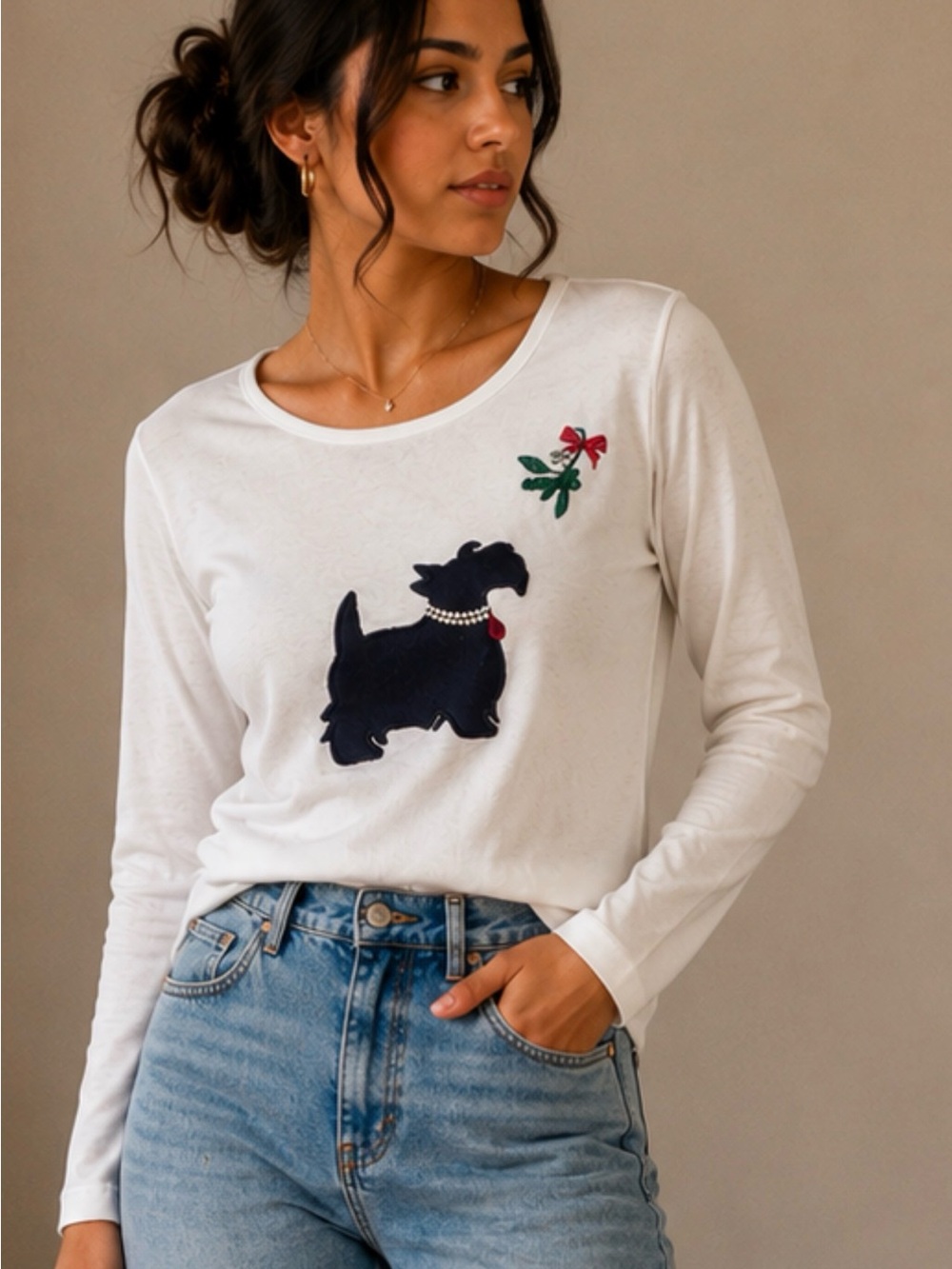 Karen Scott White Long-Sleeve Tee with Navy Scottie and Red Accent